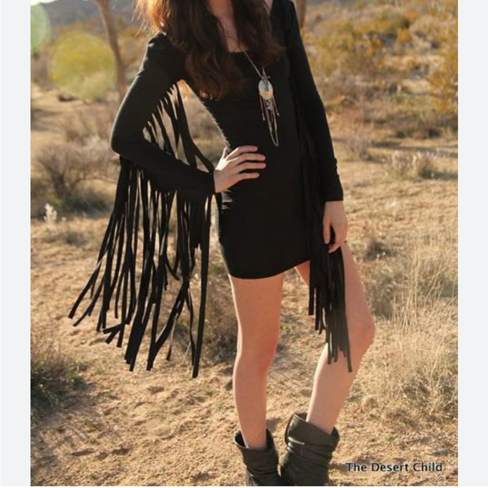 Black Bead Long Sleeve Fringe Dress in Dark Green